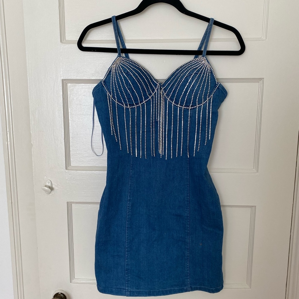 Sequin Fringe Fitted Jean Dress